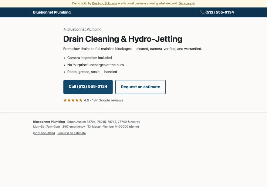 Bluebonnet Plumbing — Drain cleaning page